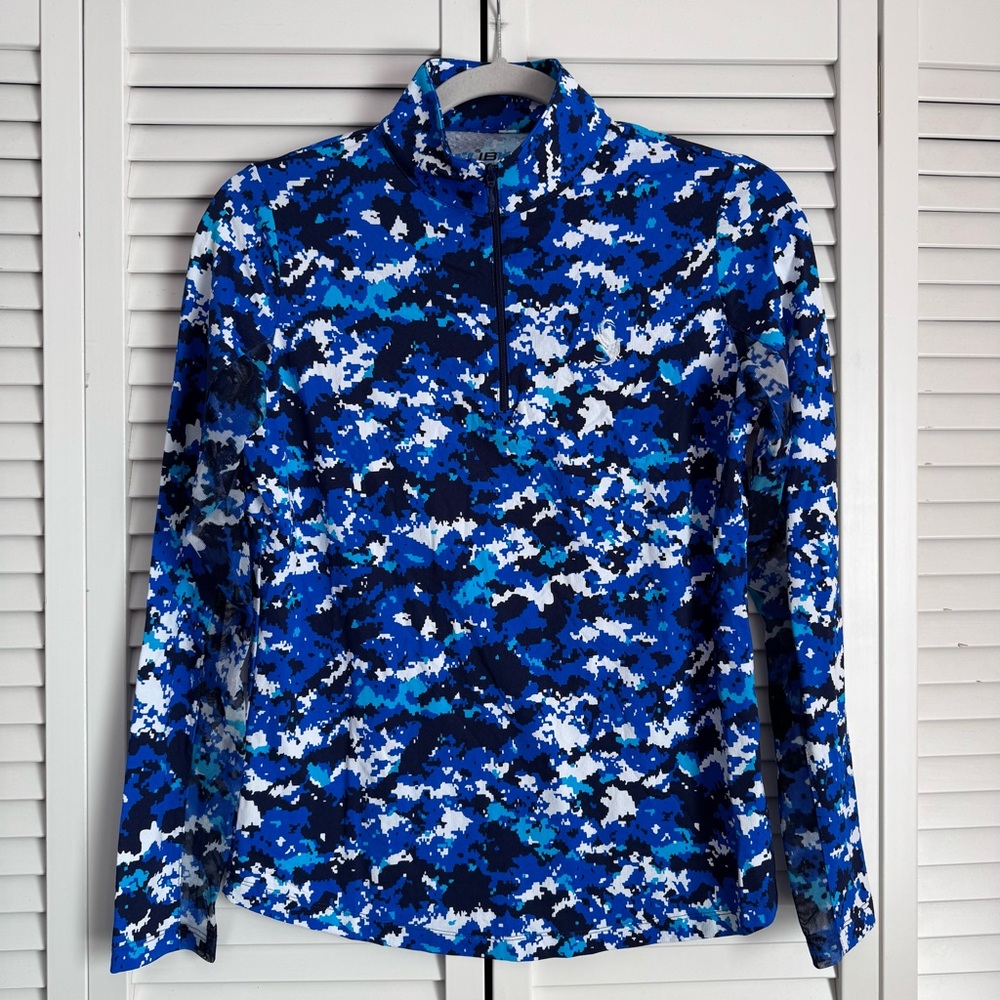 IBKUL Mock Neck Zip Long Sleeve UPF50+ Shirt Camo Blue Golf Tennis LOGO Small - Picture 1 of 8